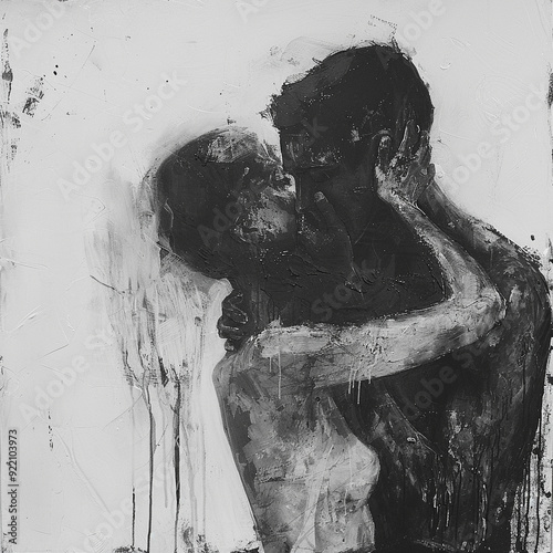 art painting abstract black and white couple embrace love kiss intimacy romance emotional monochrome figures silhouette passion expression two people 