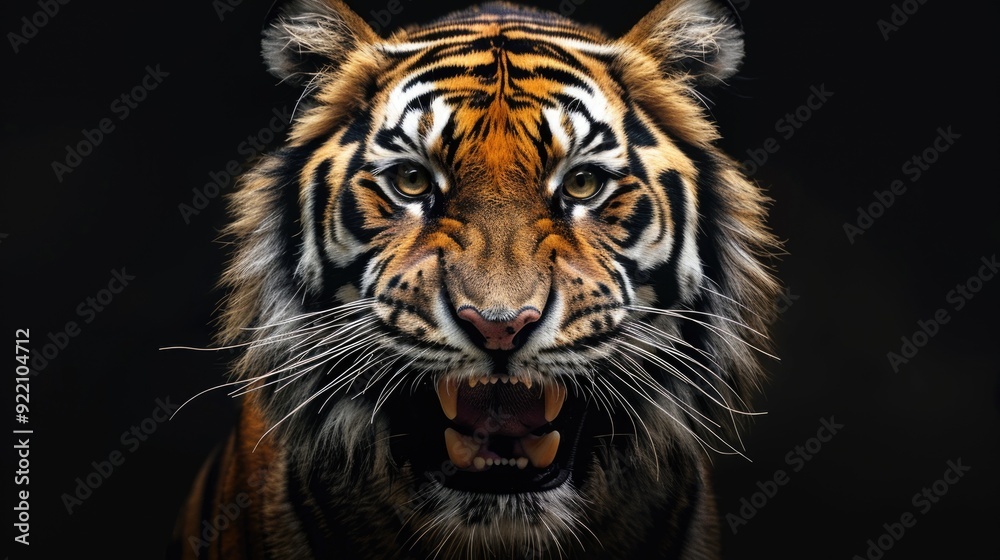 Fototapeta premium Close-up of tiger's face with mouth open, conveying strength and power. Sharp teeth, intense eyes.