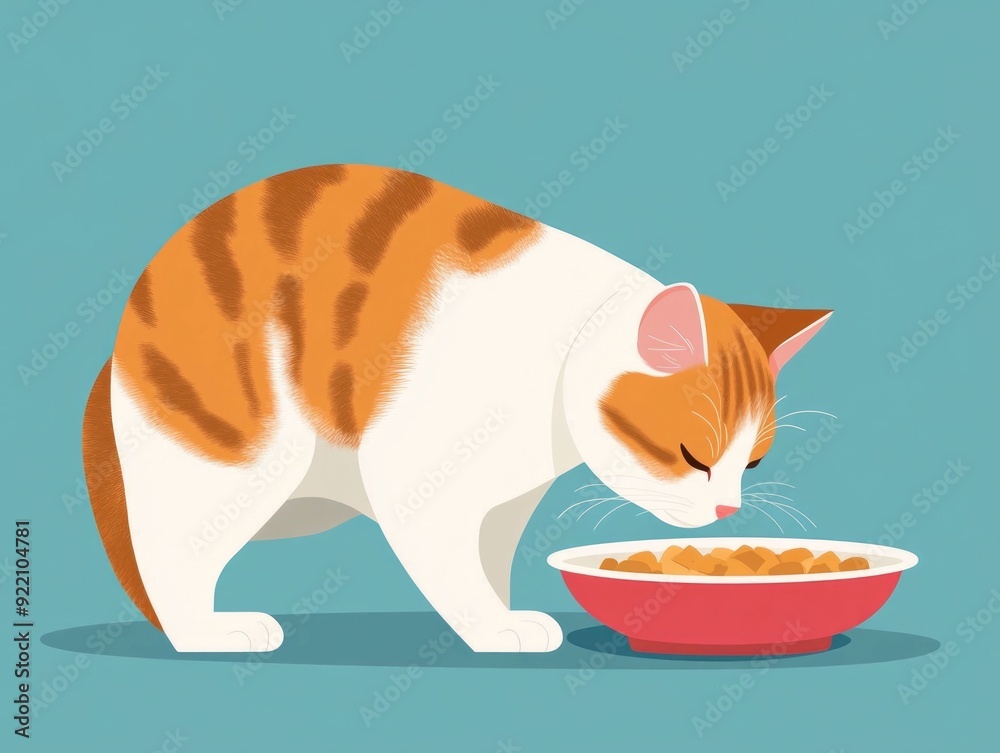 Flat design depicting a balanced raw meal for a domestic cat showcasing the pet s nutritional needs and a healthy natural feeding concept
