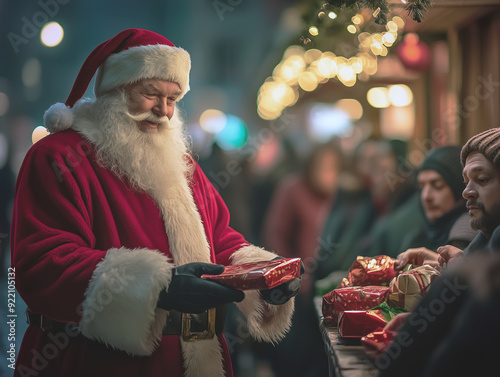 A generous Santa Claus handing out presents to people experiencing homelessness, bringing joy and warmth to those in need, embodying the spirit of giving and the magic of Christmas in a community sett