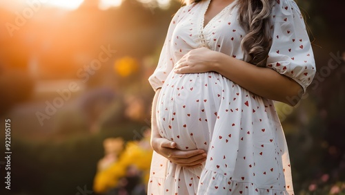 closeup of  pregnent women touches his hand on her belly. photo