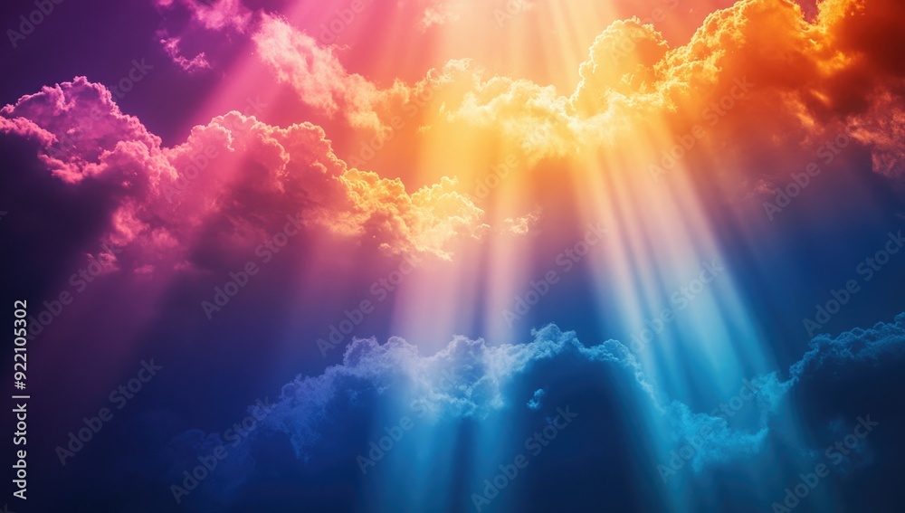 Fototapeta premium Vibrant Sky with Rainbow Colorful Clouds, Radiant Rays of Light Piercing Through Clouds at Sunset for a Dramatic Natural Display