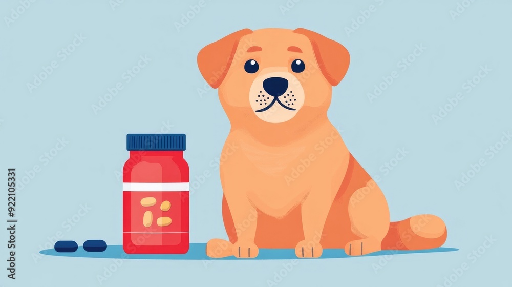 Fototapeta premium Flat design featuring omega 3 enriched pet nutrition supplements for dogs cats and other household pets The image depicts various containers packages and bowls containing the supplements