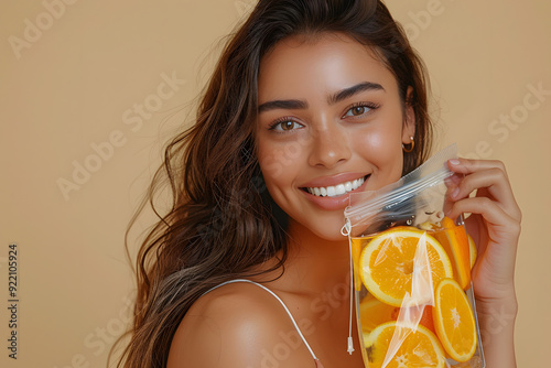 Young woman in her 20s, displaying an IV vitamin bag adorned with orange slices, emphasizing rejuvenation and revitalization through IV vitamin therapy