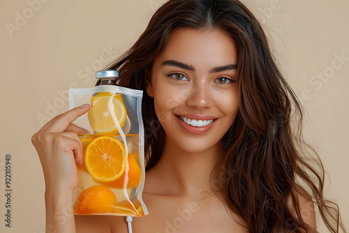 A youthful woman in her 20s, presenting an IV vitamin bag with orange slices, illustrating the benefits of rejuvenation and revitalization via IV vitamin drips photo