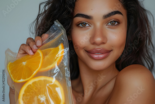 A woman in her 20s, holding an IV vitamin bag with orange slices, showcasing rejuvenation and revitalization benefits from an IV vitamin drip photo