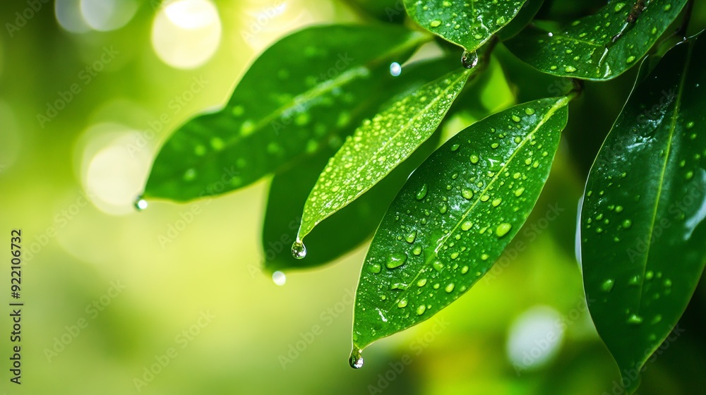 Fototapeta premium Green leaves in the jungle with water drops