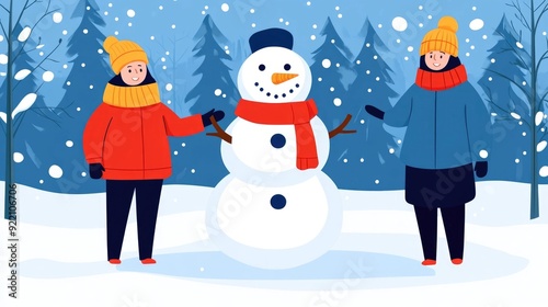 Flat of a family building a snowman together in a snowy winter outdoor landscape The scene depicts a group of people engaged in the seasonal activity of snowman making showcasing the spirit of winter