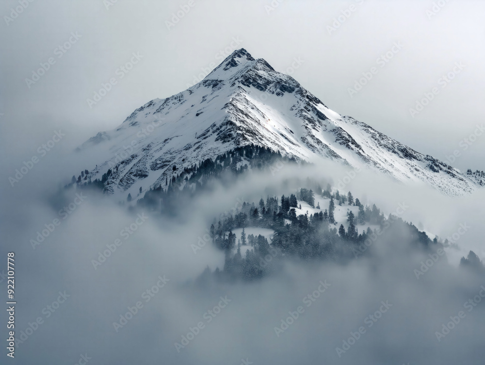 A mountain covered in snow and fog A mountain covered in snow and fog