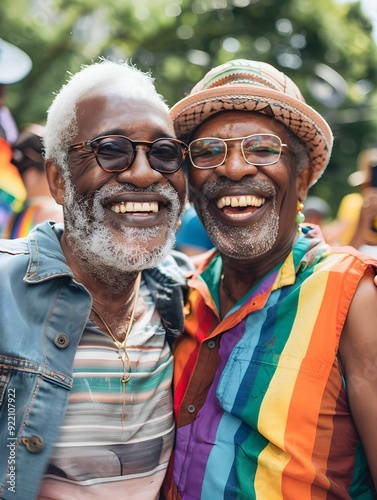 Happy senior black gay couple smiling at pride parade. Elderly african american male friends hugging celebrating lgbqt rights at summer event