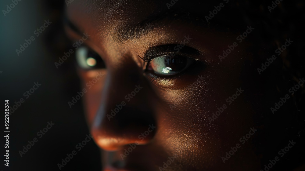 A dark, late-working woman in the office for a deadline. Nighttime mockup, solemn, and half-face of an employee for work and corporate dedication.