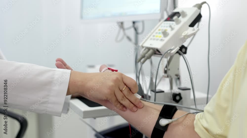 The patient undergoes an electromyography (EMG) test to assess nerve activity. Detects nerve and muscle dysfunctions. Perfect for showcasing advanced medical technologies The patient undergoes an electromyography (EMG) test to assess nerve activity. Detects nerve and muscle dysfunctions. Perfect for showcasing advanced medical technologies