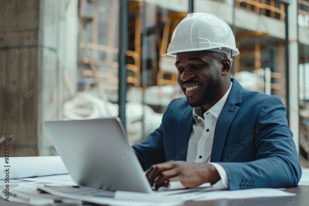 Black man with hard hat, laptop, and online schedule search. For business, smile, and startup, young men, entrepreneurs, and engineers utilize computers and check plan. Black man with hard hat, laptop, and online schedule search. For business, smile, and startup, young men, entrepreneurs, and engineers utilize computers and check plan.