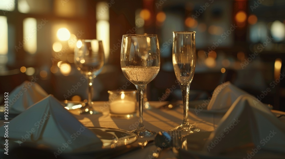 Table with drink glass, dinner and party celebration with glassware, fancy restaurant or banquet. Fine food, wine, lifestyle, decoration, and celebration