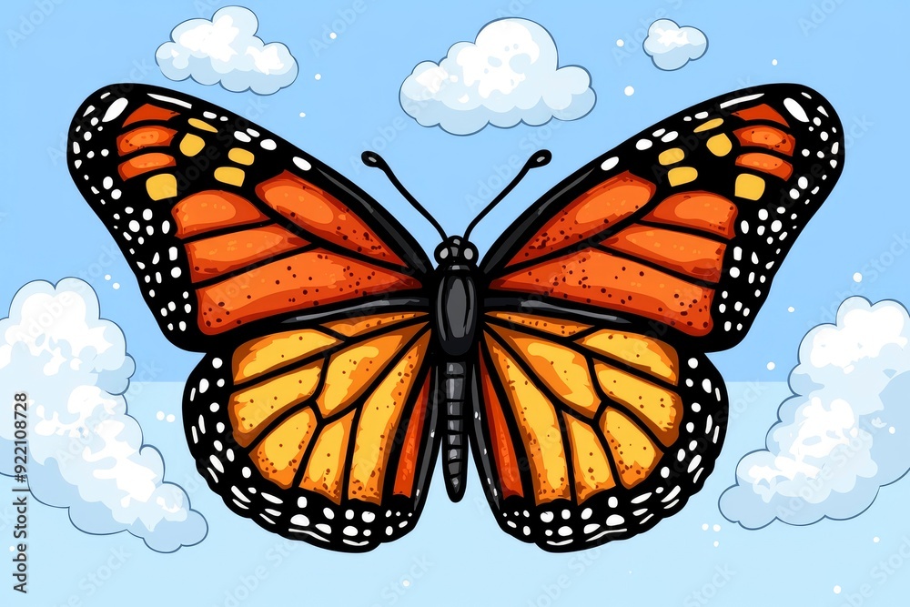 Fototapeta premium Monarch Butterfly in Flight Against Blue Sky with Clouds