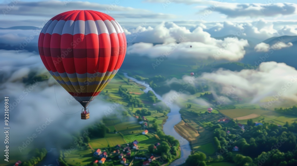 Fototapeta premium hot air balloon hovers over misty meadows and fields, with a wide, clear sky above.