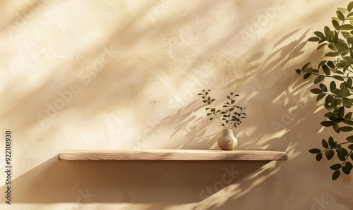 Wooden Shelf with Vase And Plant. Close-Up of Small Potted Plants Against Soft Beige Textured Wall with Gentle Sunlight Shadows