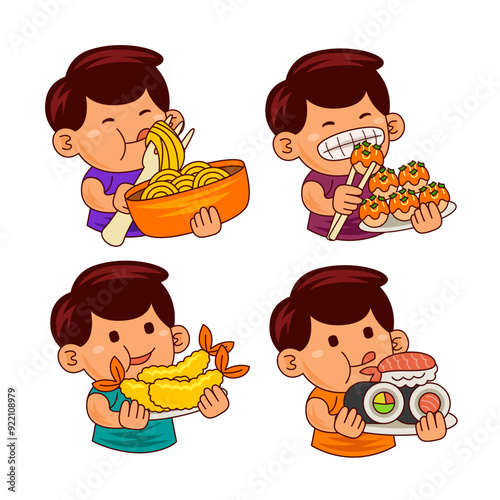  Kids Boy Eat Vector Illustration