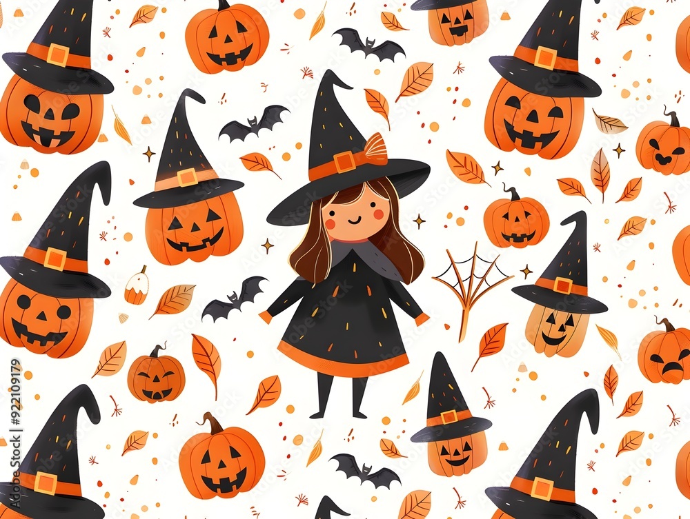 Enchanting Witch and Pumpkin Halloween Pattern with Spooky Autumn Enchanting Witch and Pumpkin Halloween Pattern with Spooky Autumn