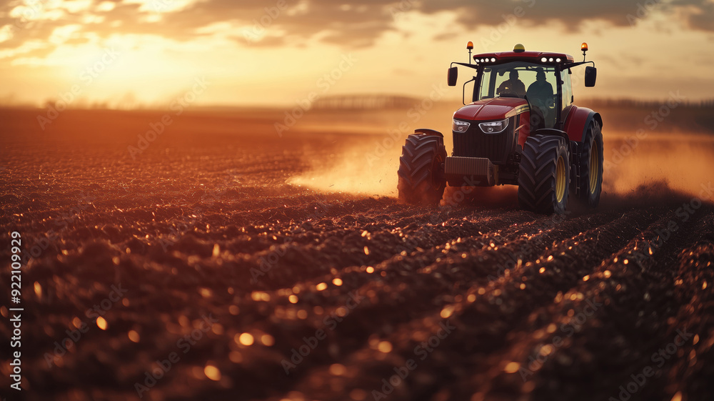 Fototapeta premium Modern Red Tractor Tilling Field at Golden Sunset