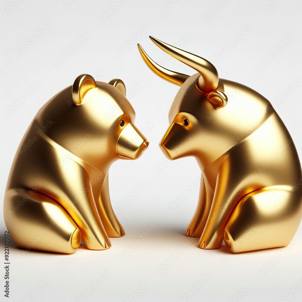 a minimalist 3d gold bull and bear face to face, cute Concept of stock market exchange a minimalist 3d gold bull and bear face to face, cute Concept of stock market exchange