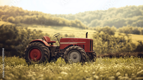 Vintage Red Tractor in Idyllic Rural Landscape photo