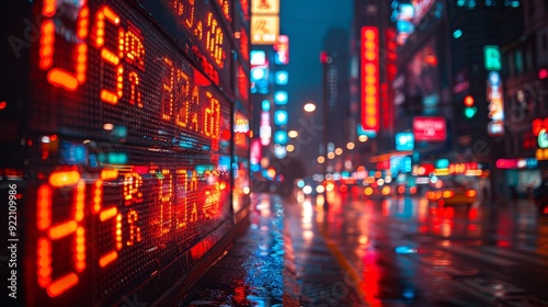 Vibrant City Street at Night, Illuminated Signs, and Reflections On Wet Pavement From Stock Ticker