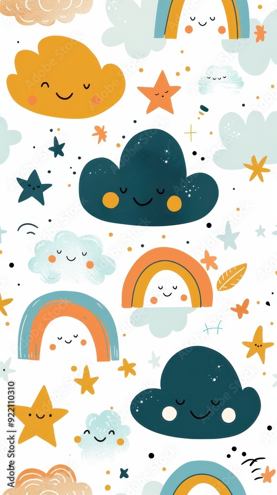 Fototapeta premium A vibrant display of smiling clouds, rainbows, and stars creates a joyful and whimsical atmosphere perfect for kids' designs