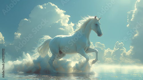 photo of a white unicorn horse running above the clouds