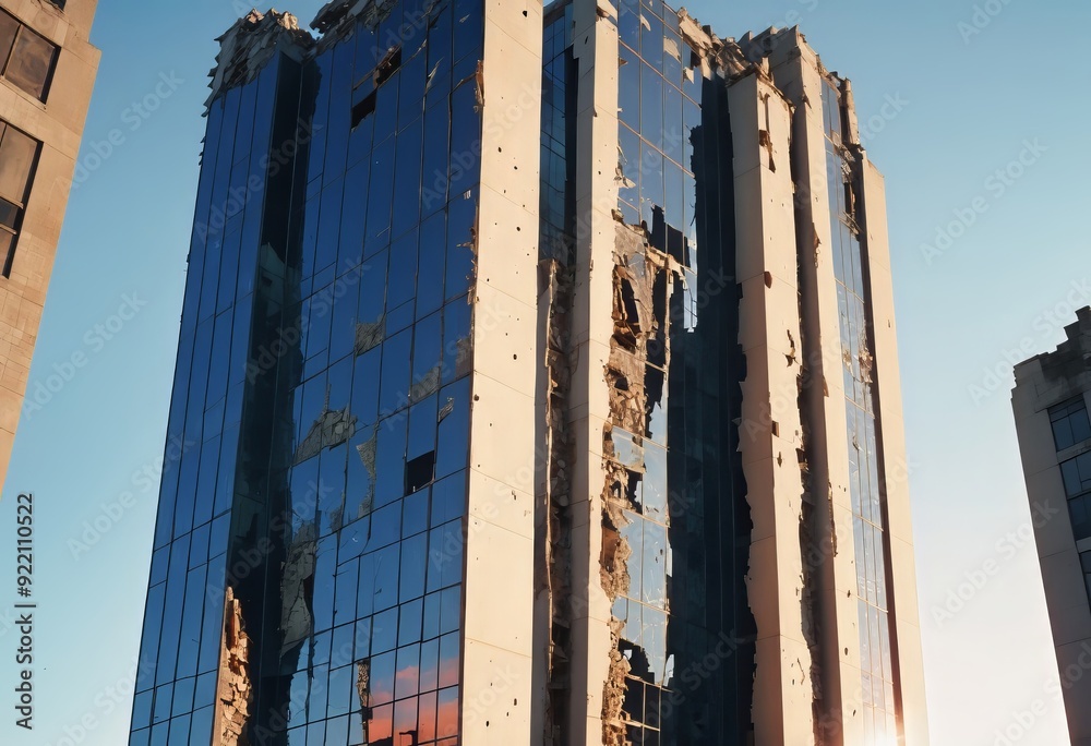 In a stunningly chaotic urban landscape, a towering skyscraper stands askew, In a stunningly chaotic urban landscape, a towering skyscraper stands askew,
