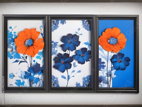  Set of flowers in three frames in blue and orange colors