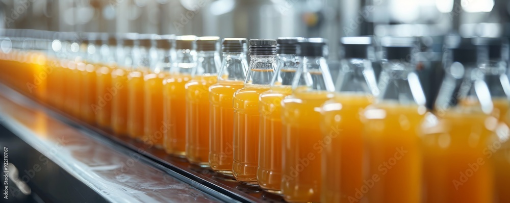 Minimalist high-resolution image of a juice bottling production line with bottles filled with orange liquid