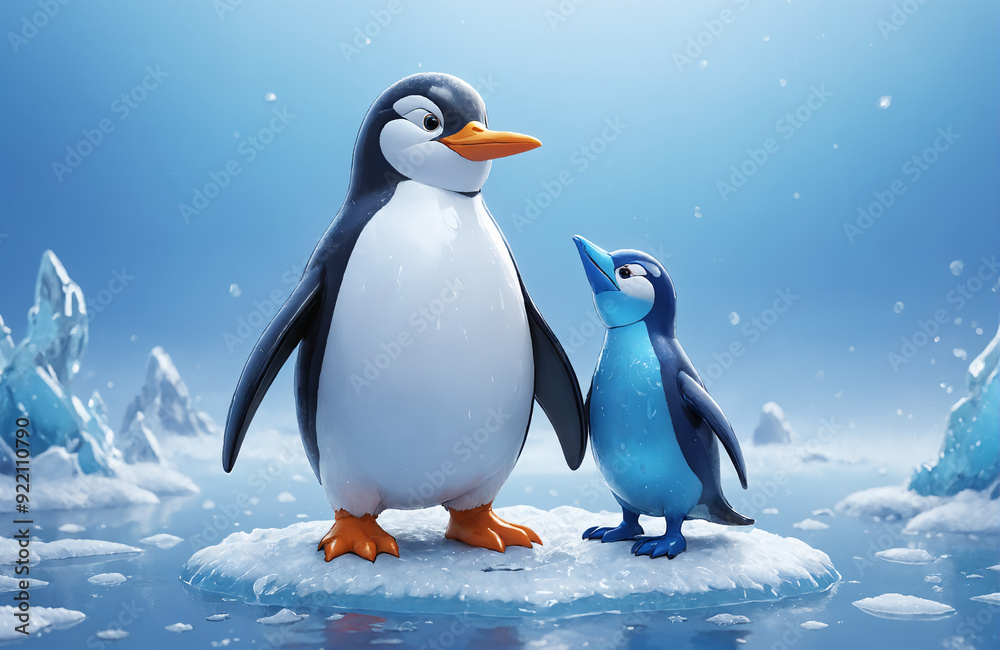 Obraz premium 3d render of cartoon penguin in realistic ice background