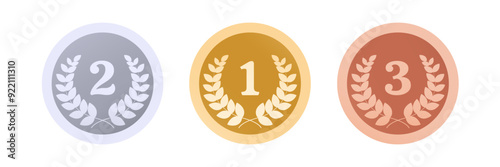 Medal for 1st, 2nd and 3rd place. Set of ranking and award elements with laurel wreath and crown in gold, silver and bronze color. Flat style vector illustration