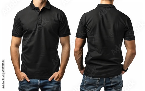 Black polo shirt on man front and back view isolated white background mockup template for 