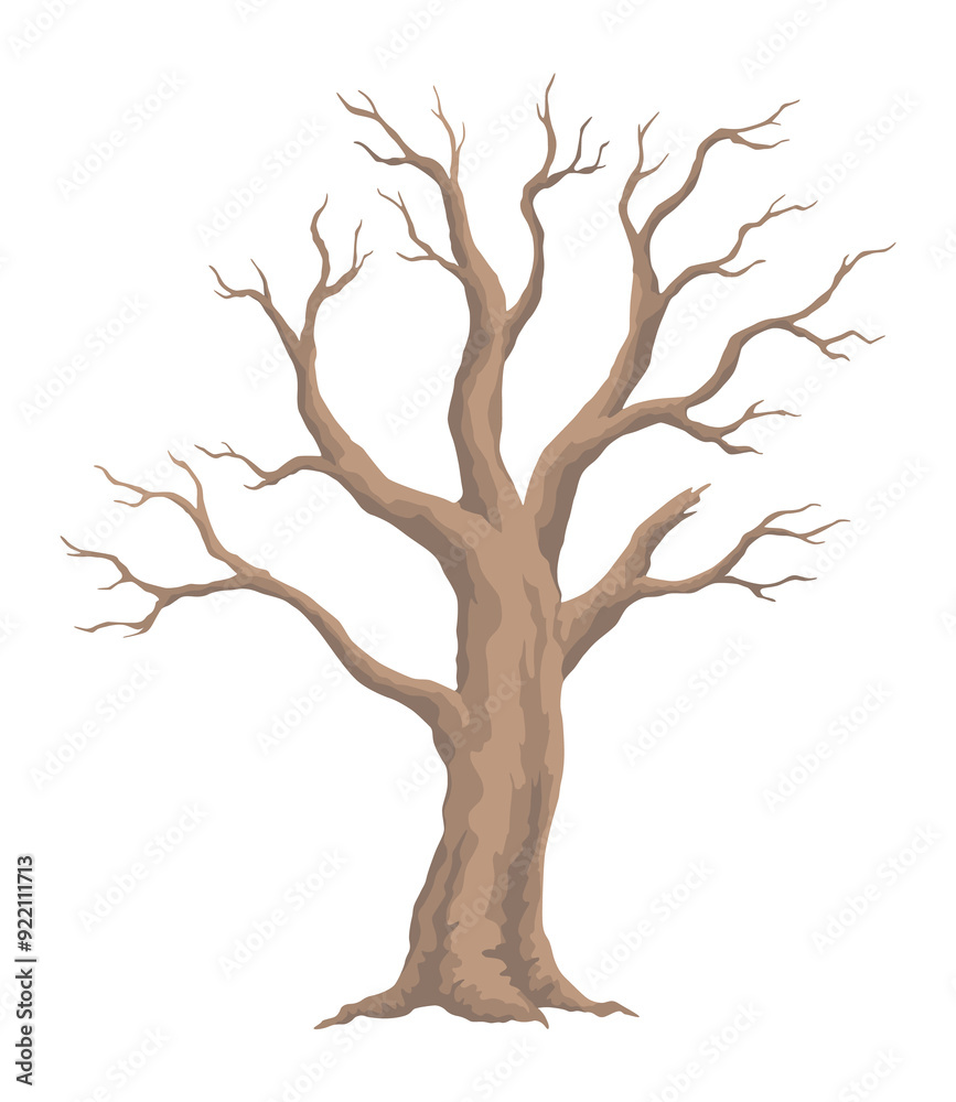 Fototapeta premium Old dead tree. Hand draw leafless trunk. Winter or autumn season plants icon, dry naked branch silhouette. Nature ecology problems concept. Isolated illustration