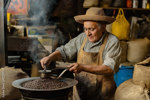 An artisan roasting coffee beans in a traditional roaster, surrounded by burlap sacks and the aroma of freshly roasted coffee