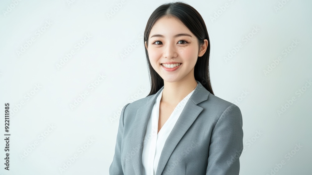 A young professional Asian woman in a gray suit, smiling as she gears up for a business meeting, highlights her potential and expertise. A young professional Asian woman in a gray suit, smiling as she gears up for a business meeting, highlights her potential and expertise.