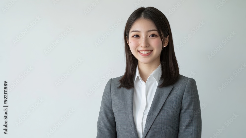A young professional Asian woman in a gray suit, smiling as she gears up for a business meeting, highlights her potential and expertise. A young professional Asian woman in a gray suit, smiling as she gears up for a business meeting, highlights her potential and expertise.