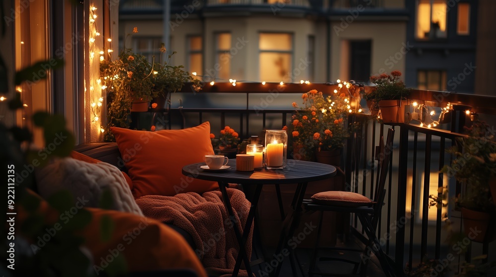 Cozy evening balcony with candles and fairy lights in a city apartment during sunset Cozy evening balcony with candles and fairy lights in a city apartment during sunset