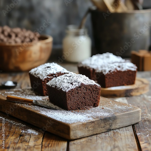 Chocolate brownie loaf bread with a cakelike texture, topped with a dusting of powdered sugar, brownie loaf cake bread, classic dessert hybrid photo