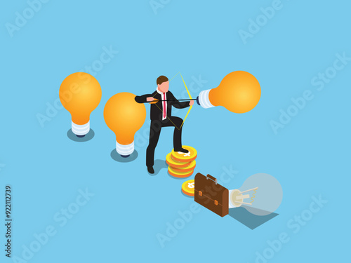 A man aims a bow at light bulbs while standing on stacks of coins 3d isometric vector illustration