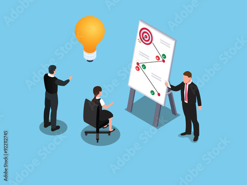 Plan to overcome difficulty or obstacle to reach goal or target for success tactic chart 3d isometric vector illustration