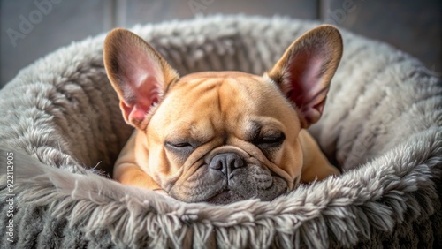 Adorable French Bulldog curls up in a cozy ball, paws tucked in, snout scrunched, and eyes screwed shut, sleeping peacefully on a plush cushion. photo