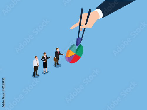Gamma arm fingers hold chopsticks with center of expense and spending pie chart 3d isometric vector illustration