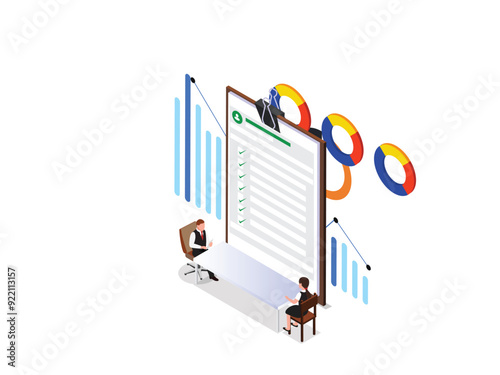 Successful business project presentation, company strategy planning, statistics indicators analysis 3d isometric vector illustration