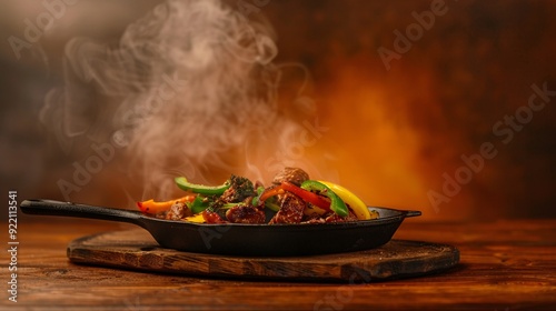 Sizzling hot fajitas served on a cast iron skillet with vibrant vegetables and a smoky background.