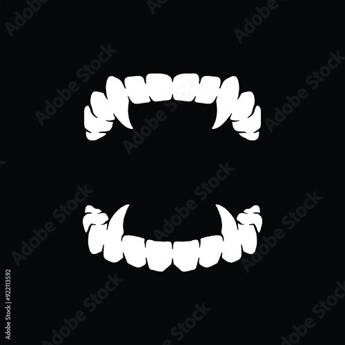 Vampire teeth graphic illustration. Devil teeth silhouette vector. Isolated on black  background.