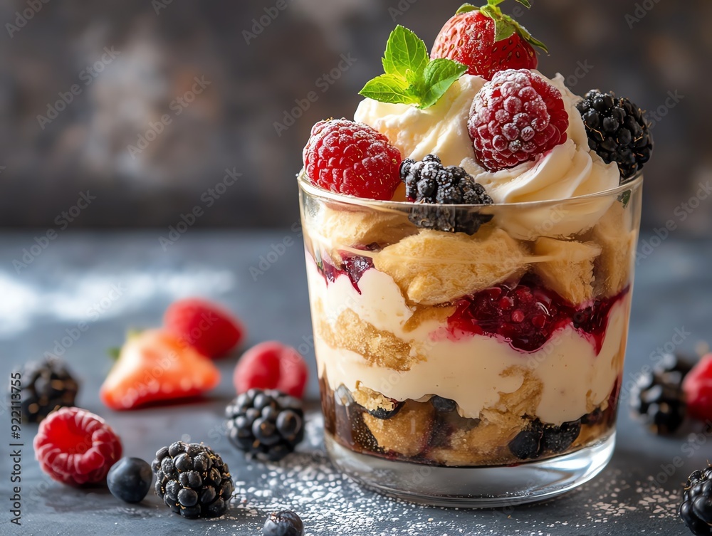 Layered dessert with puff pastry, nougat ice cream, and fresh berries, presented in a glass jar, layered dessert puff nougat ice cream, layered dessert jar Layered dessert with puff pastry, nougat ice cream, and fresh berries, presented in a glass jar, layered dessert puff nougat ice cream, layered dessert jar