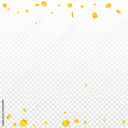 Chinese yuan coins falling. Scattered gold CNY